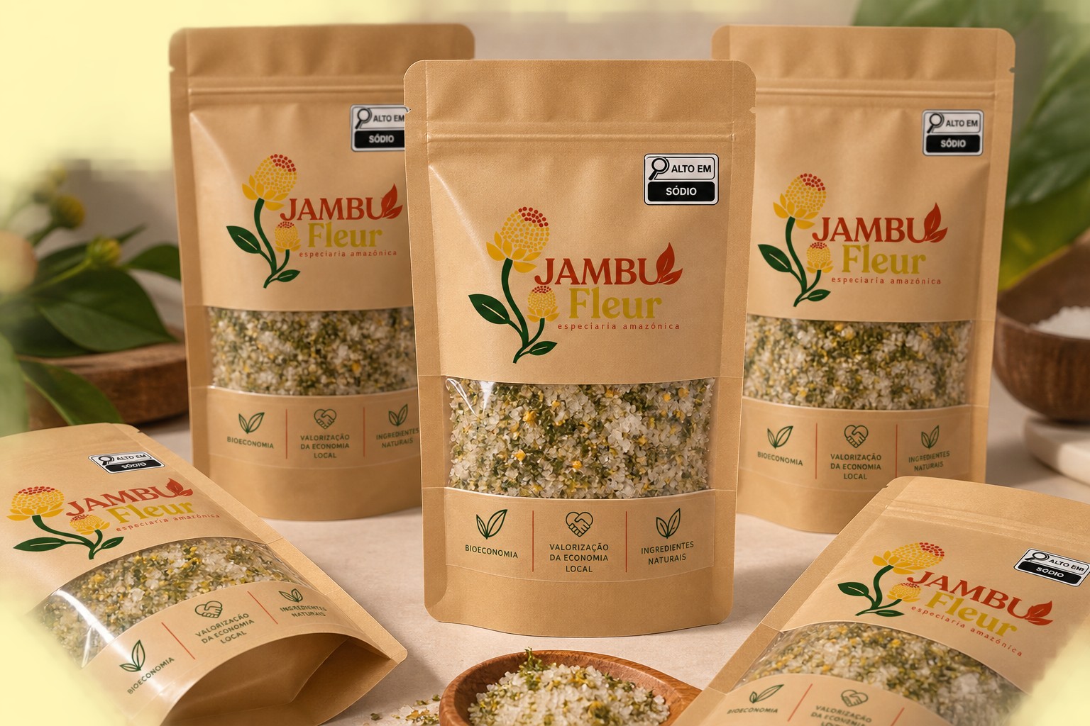 Embalagens kraft da Jambu Fleur com a flor de sal e jambu à mostra pela janela